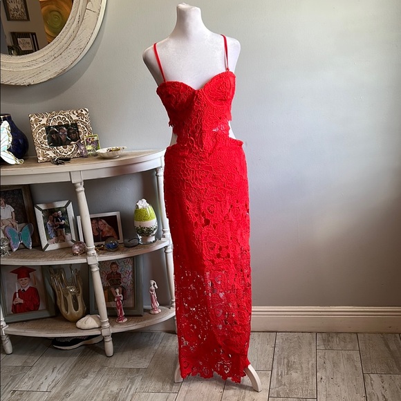 [Amable] Red Crochet Knit Maxi Dress - Size Medium NWT
